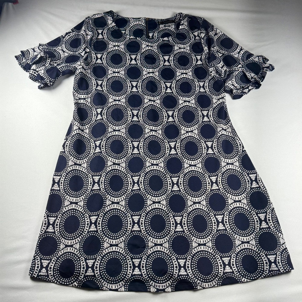 Always Indigo Navy White Medallion Ruffle Sleeve Shift Dress 2X XCT125